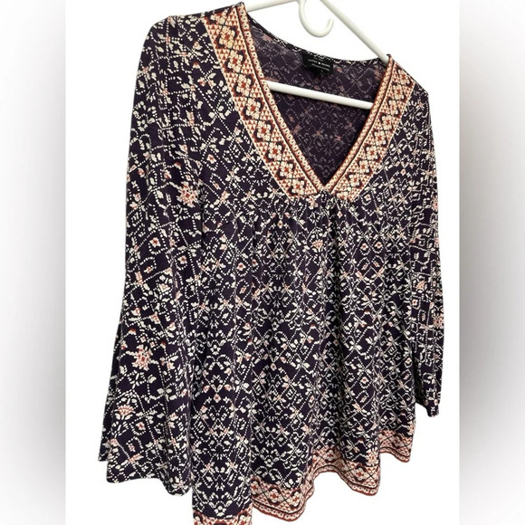 Lucky Brand Top Tunic Printed V-Neck Bell Sleeve Purple Boho Blouse - Picture 3 of 8
